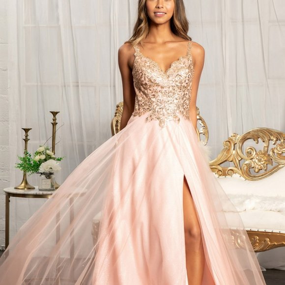 ROSE NEW Sequin Embellished Bodice V-Neck A-Line Prom Dress Leg Slit DRESS 3020